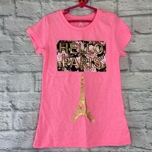 Twirl hello Paris graphic print tee pink w/Eiffel tower and flowers sz med 7/8